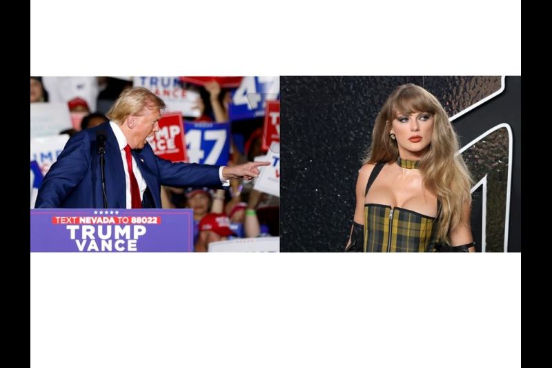 Combo de fotografías que muestra al candidato republicano Donald Trump (i) en un mitin de campaña en la Expo en el World Market Center en Las Vegas el pasado viernes y la cantante Taylor Swift durante alfombra roja MTV Video Music Awards EFE 01170924