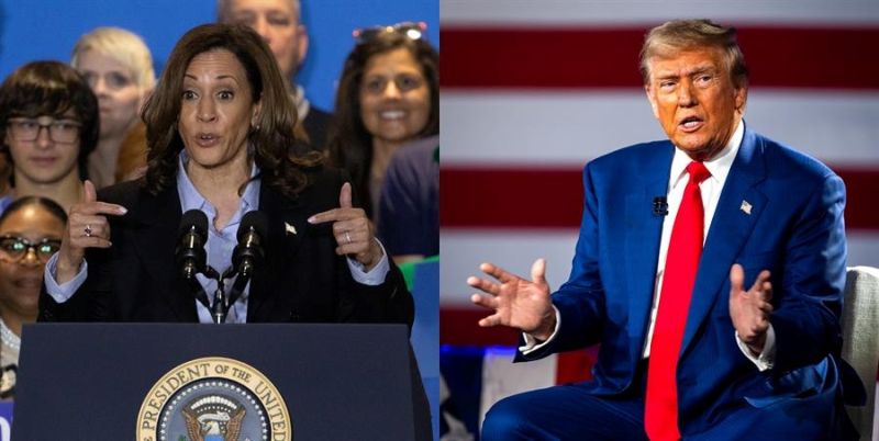 Combo de dos fotografías de la vicepresidenta estadounidense y candidata demócrata a la Casa Blanca, Kamala Harris (i), y su rival republicano, el expresidente Donald. Harris y Trump (2017-2021) ultiman este lunes preparación debate electoral 01 090924