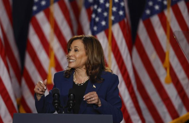 La vicepresidenta estadounidense Kamala Harris habla durante un evento de campaña en West Allis, Wisconsin, Estados Unidos, el 23 de julio de 2024. EFE/JEFFREY Phelps 01 240724