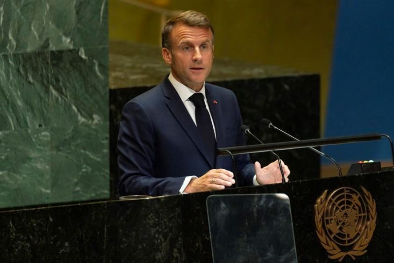 El presidente francés, Emmanuel Macron, en su intervención de este miércoles 25 de septiembre de 2024 en la Asamblea General de las Naciones Unidas en Nueva York, EE.UU. EFE/EPA/JUSTIN LANE 01270924