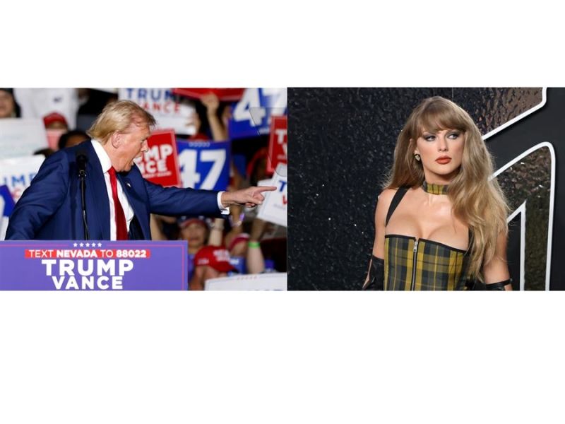 Combo de fotografías que muestra al candidato republicano Donald Trump (i) en un mitin de campaña en la Expo en el World Market Center en Las Vegas el pasado viernes y la cantante Taylor Swift durante alfombra roja MTV Video Music Awards EFE 01170924