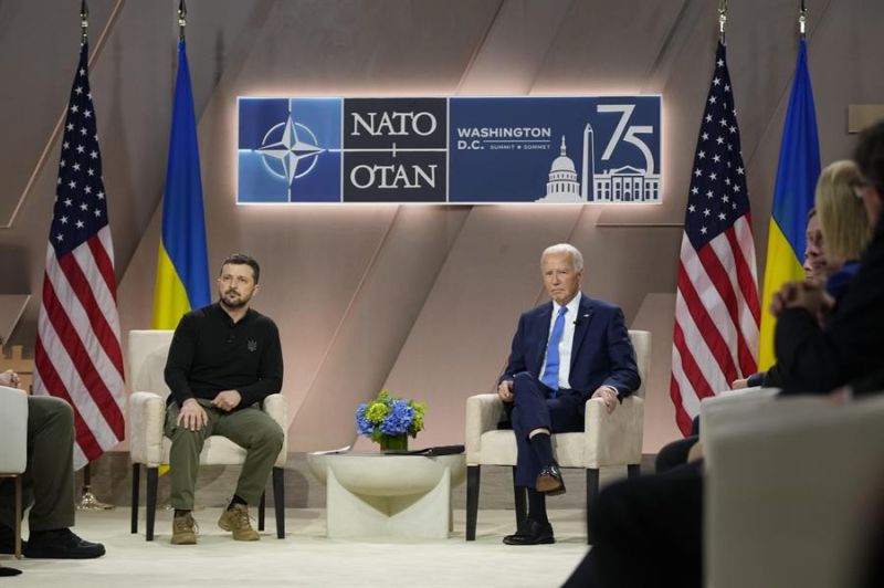 Ukraine's President Volodymyr Zelensky (L) and US President Joe Biden attend a bilateral meeting during the North Atlantic Treaty Organization (NATO) Summit at the Walter E. Washington Convention Center Washington, DC, USA, 11 July 2024. The 75th A. EFE 