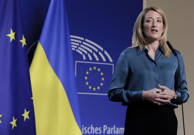 La presidenta del Parlamento Europeo, Roberta Metsola, en una comparecencia en Bruselas el pasado 28 de abril. 