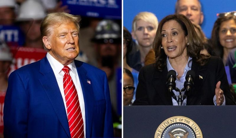 Combo de dos fotografías donde están el expresidente de los Estados Unidos y candidato presidencial republicano, Donald Trump, y la vicepresidenta de los Estados Unidos y candidata presidencial demócrata, Kamala Harris. EFE/ Jim Lo S/ Rebecca D 01 050924