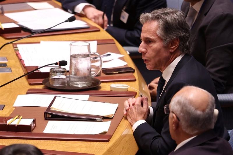 El secretario de Estado de Estados Unidos, Antony Blinken, habla durante una reunión de alto nivel del Consejo de Seguridad sobre el conflicto entre Rusia y Ucrania en el marco del debate general del 79º período de sesiones de la Asamblea General ONU 0126