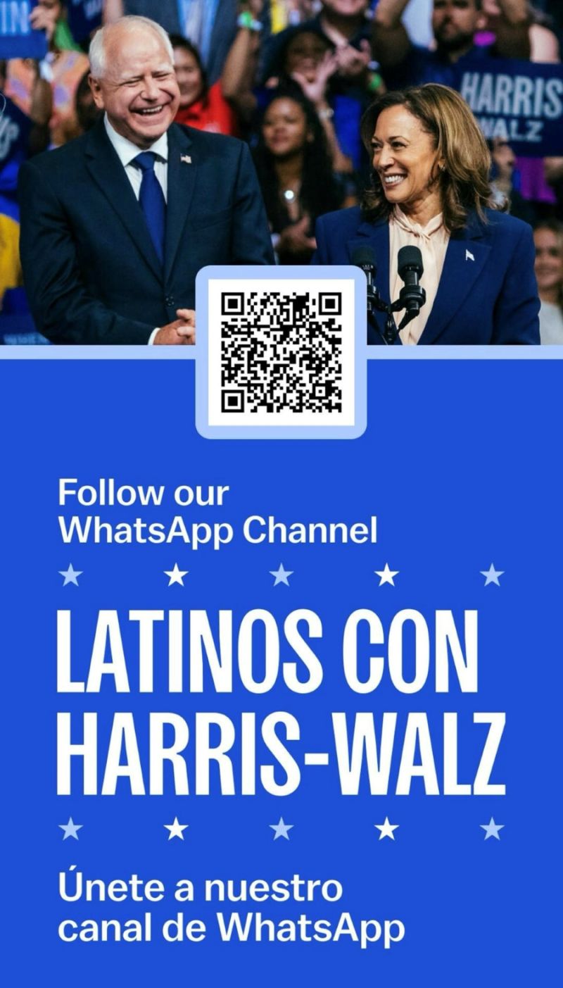 Imagen tomada de la cuenta en X de la directora de comunicaciones hispanas del DNC (Comité Nacional Demócrata), Maca Casado, del canal en WhatsApp de la campaña de la vicepresidenta de EE.UU., Kamala Harris. EFE/ @casadomaca 01 190824